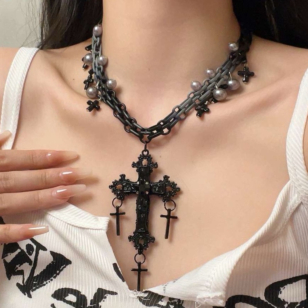 Gorgeous Gothic Black Gunmetal Grey Chain Grunge Cross Layered Necklace